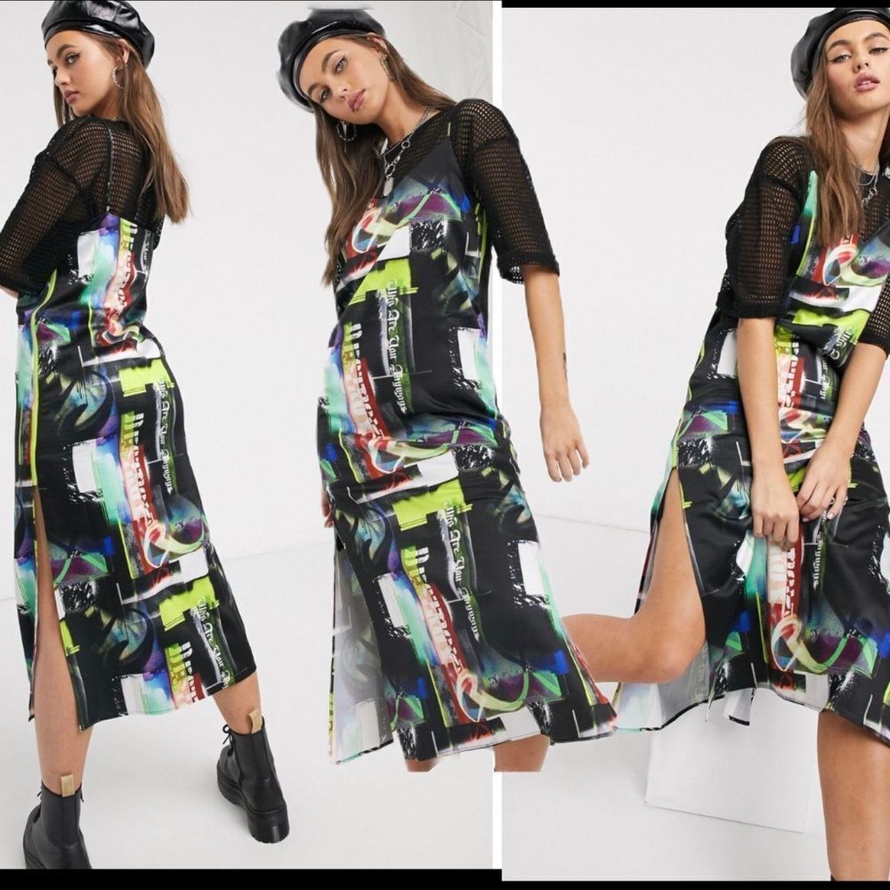 COLLUSION collage zip side midi cami dress Sz 6 NWOT multicoloured